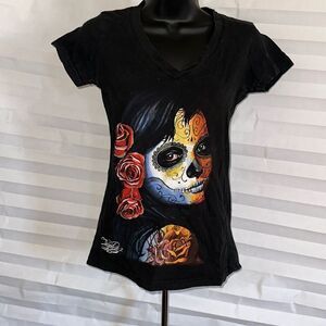 Complex Women’s Black Cap Sleeve T-Shirt Size Small Day of the Dead Graphic Tee
